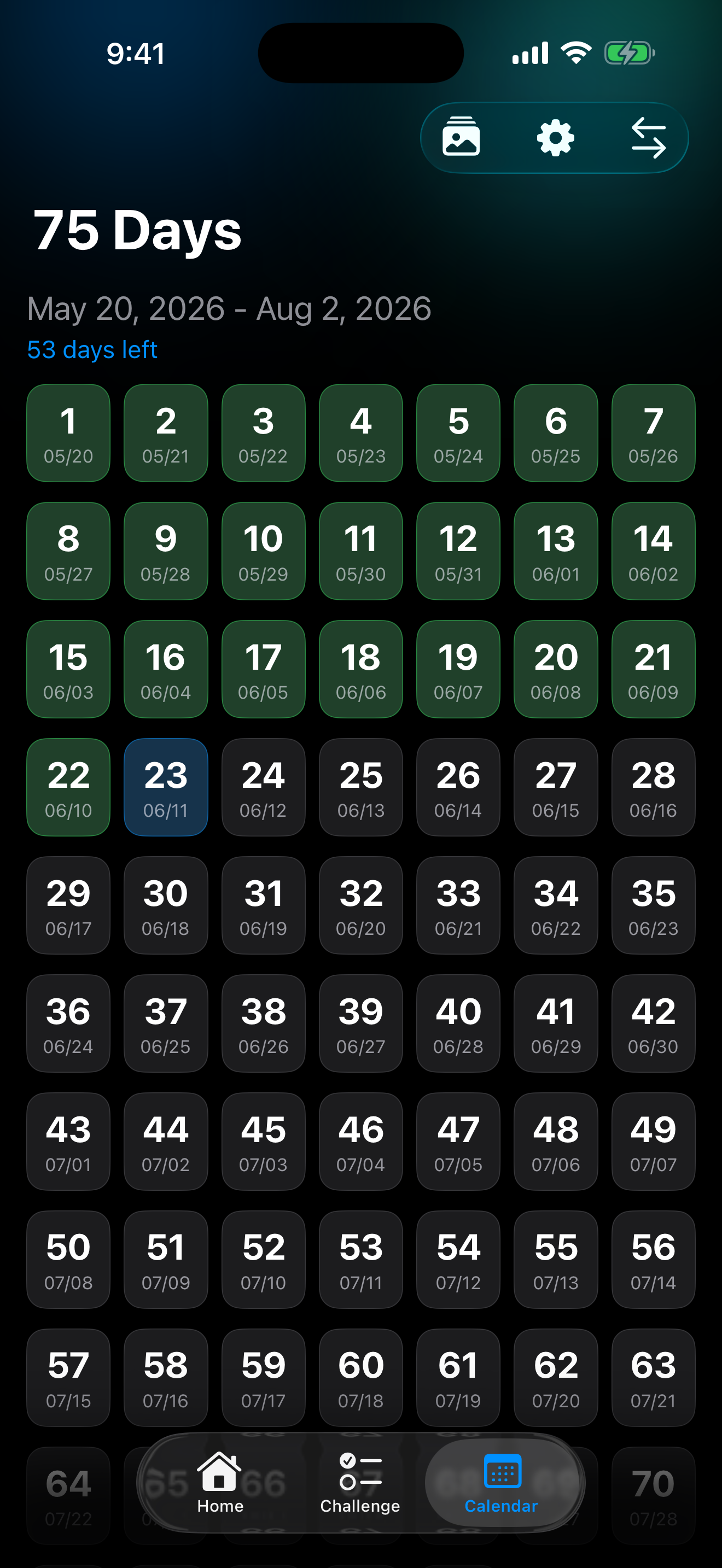 Challenge calendar with completed days