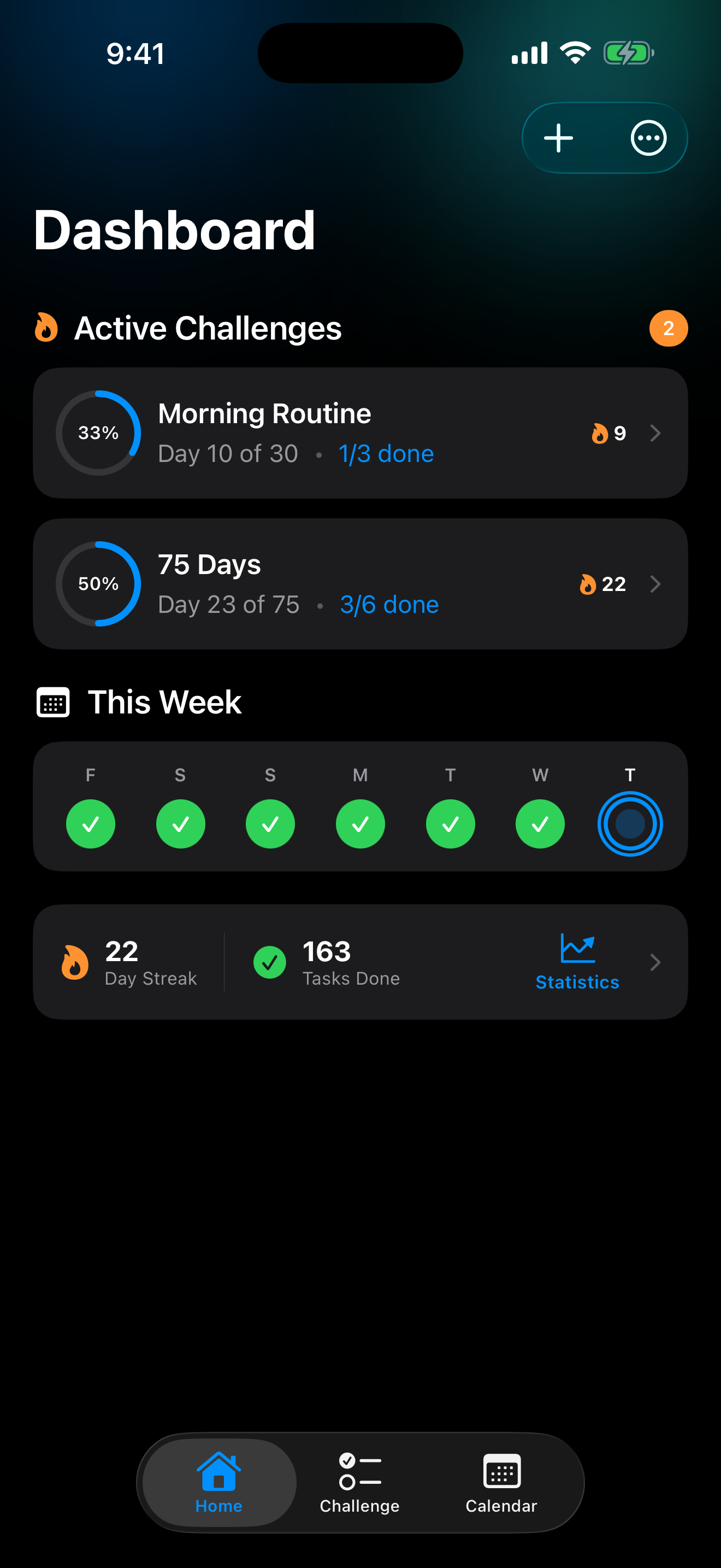 FlexChallenge dashboard with weekly streak and stats