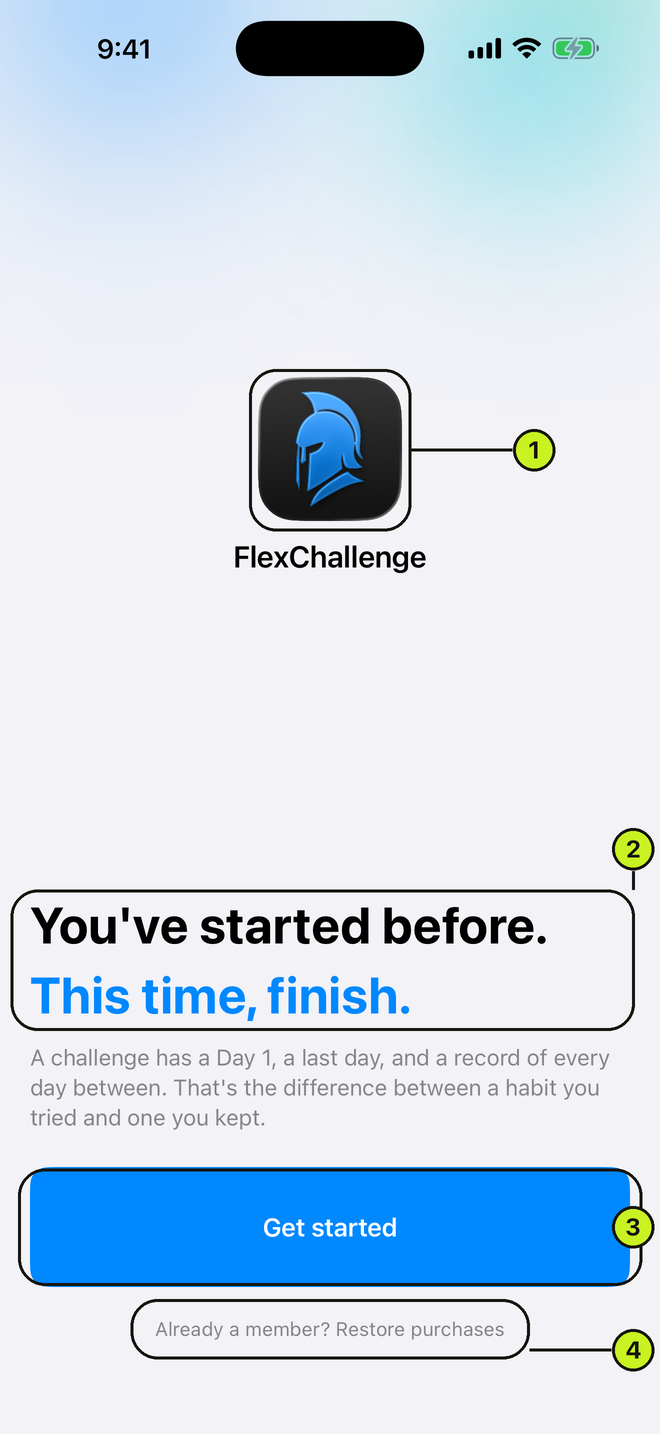 FlexChallenge welcome screen on first launch