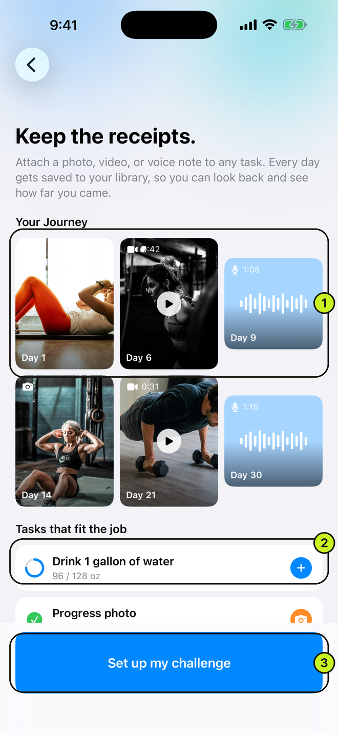 Keep the receipts value screen with an example media grid and task rows