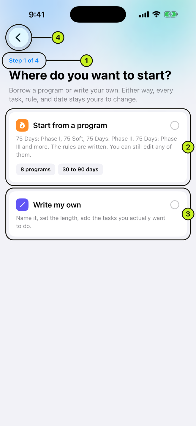 Choose path screen with Start from a program and Write my own cards