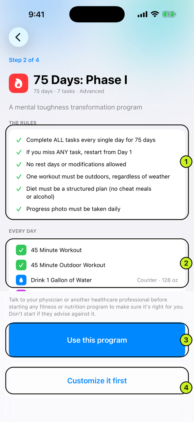 Program detail sheet showing the rules and the every-day task list