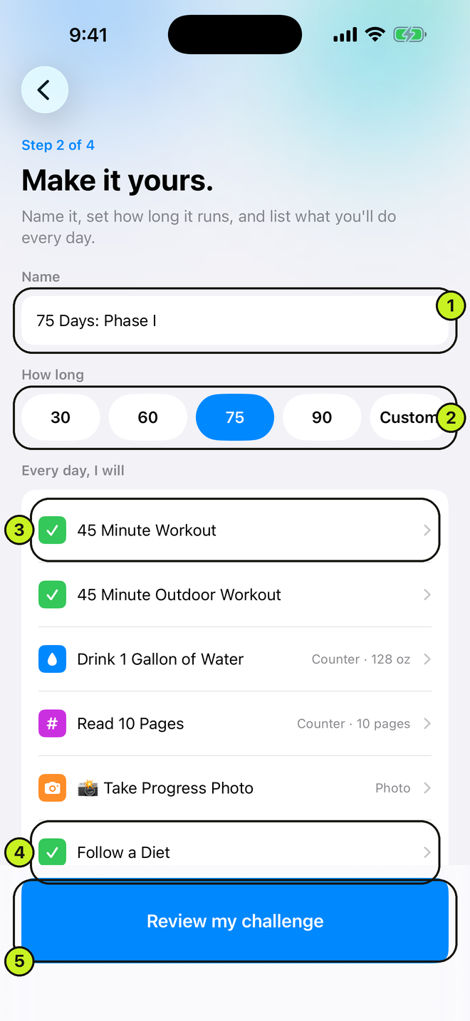 Build your own challenge screen with name field, duration chips and task list