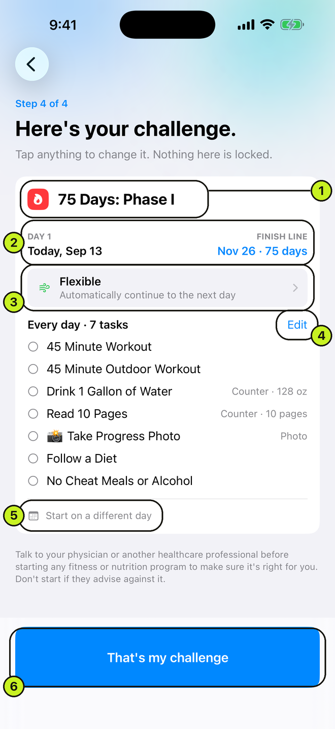 Review screen summarising the challenge before starting