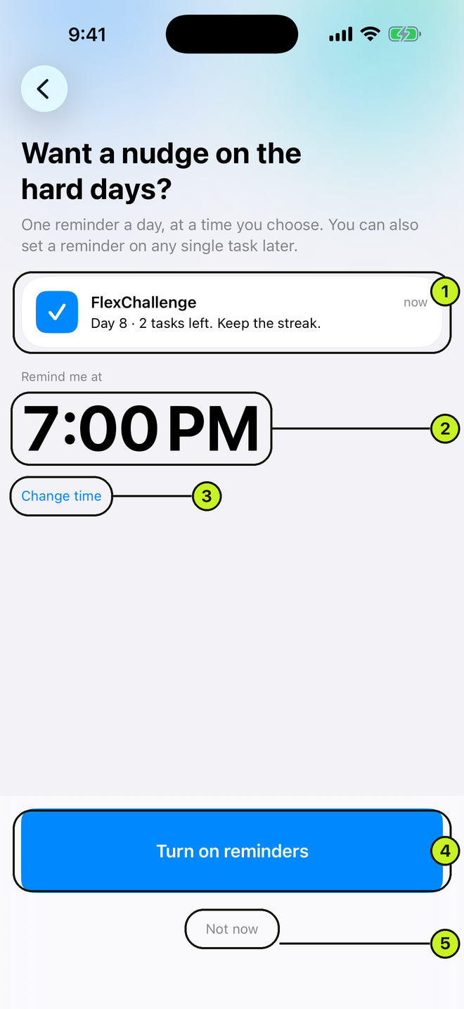Reminders screen with time picker