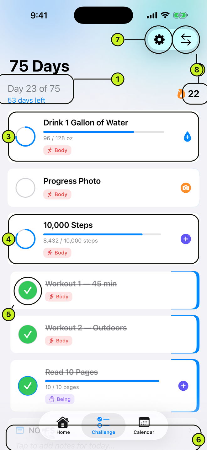 Today's task list with mixed task types