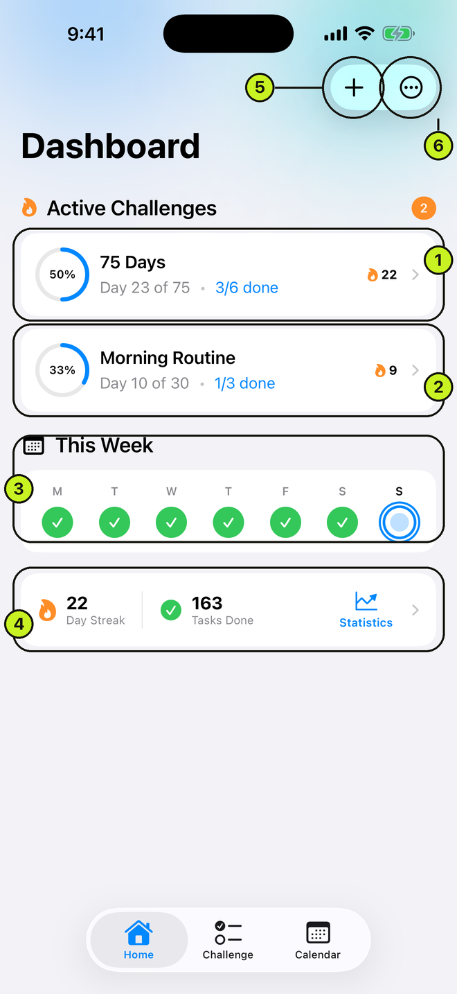 Home dashboard with an active challenge card, week strip and media strip