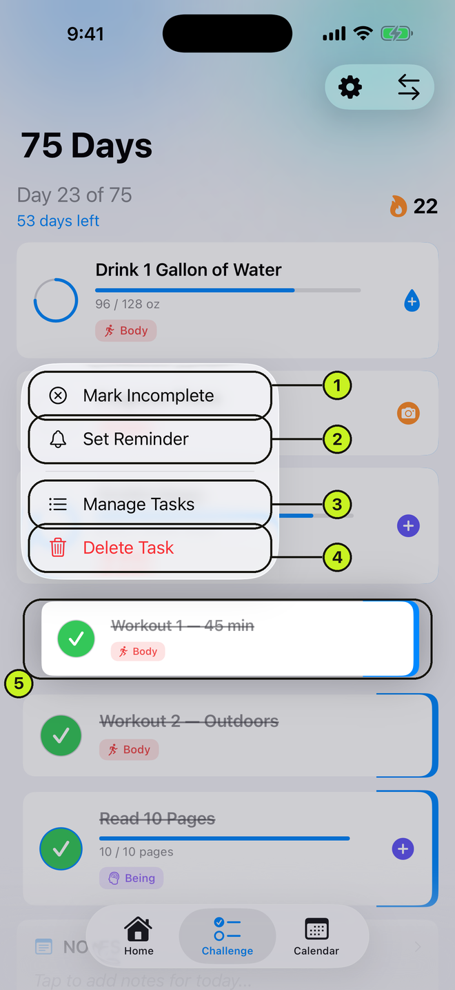 Long-press menu on a task with Mark Incomplete, Set Reminder, Manage Tasks and Delete Task