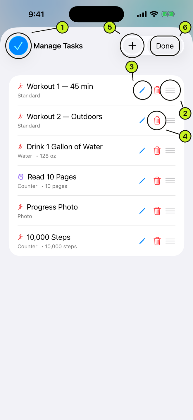 Manage Tasks screen in edit mode with drag handles