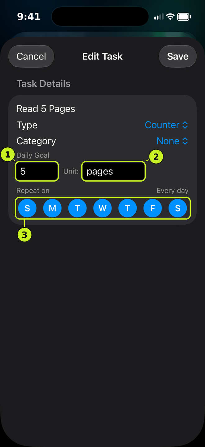Edit Task sheet for a counter task with goal, custom unit and repeat days
