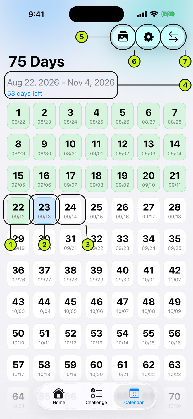 Challenge calendar grid with completed, missed and media-badged days