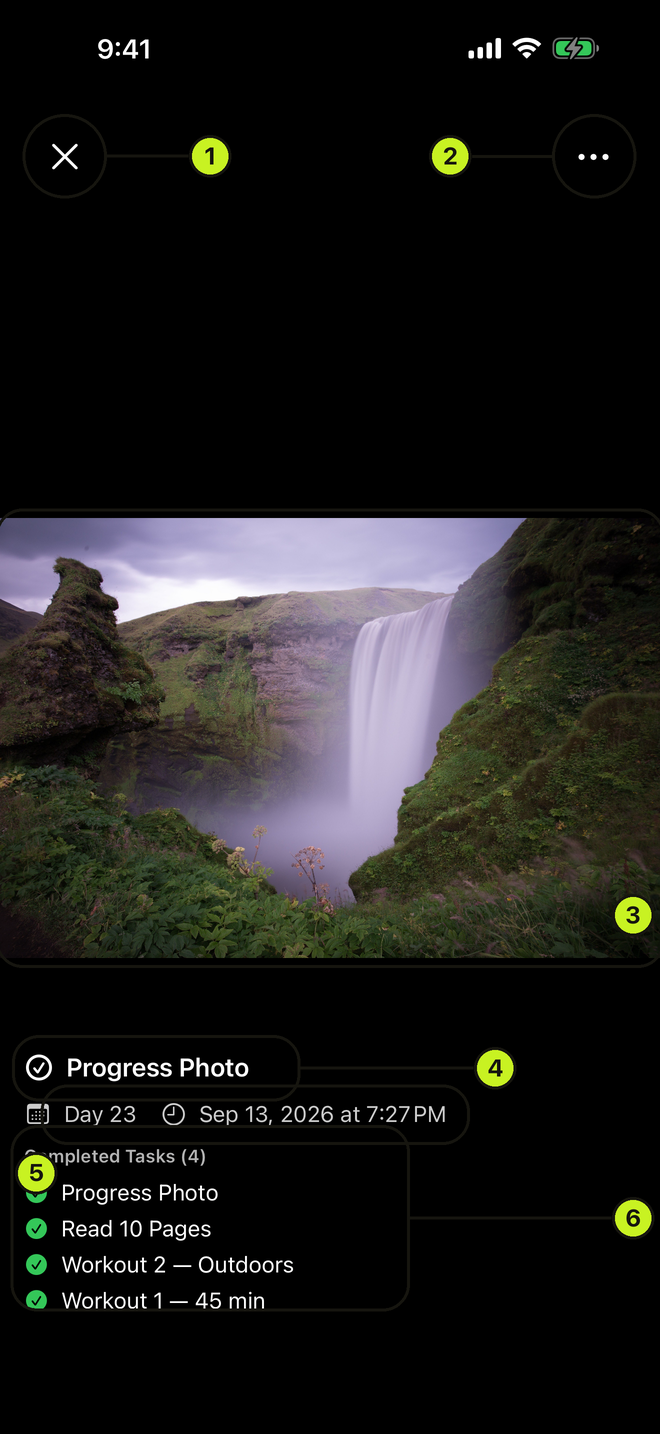 Full-screen media viewer with the overflow menu open