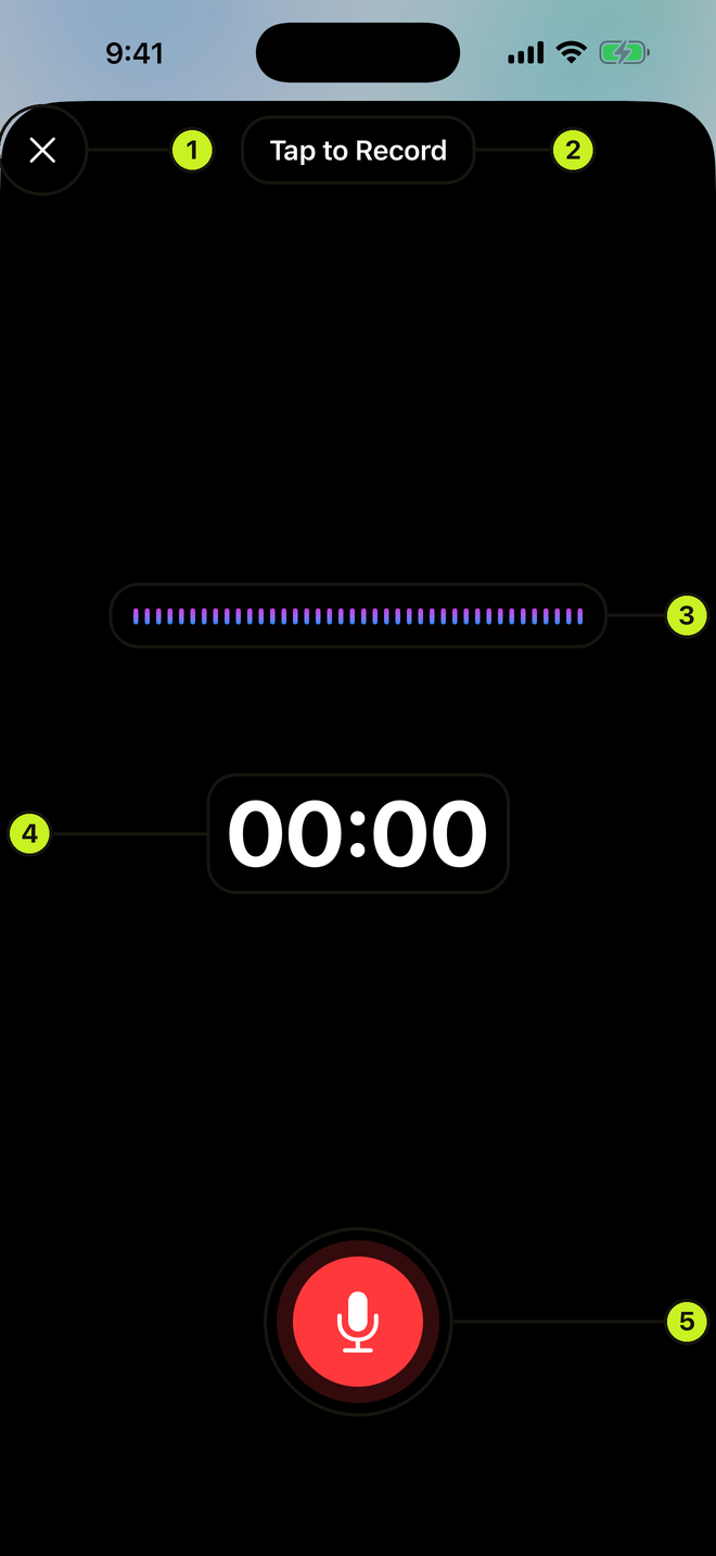 Voice note recorder with waveform and transport controls