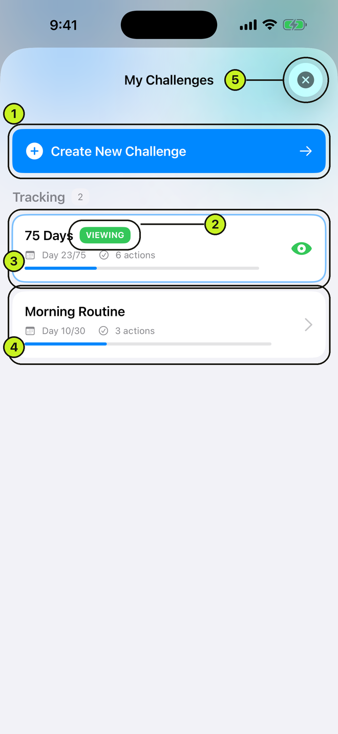 My Challenges switcher listing tracking, scheduled and inactive challenges