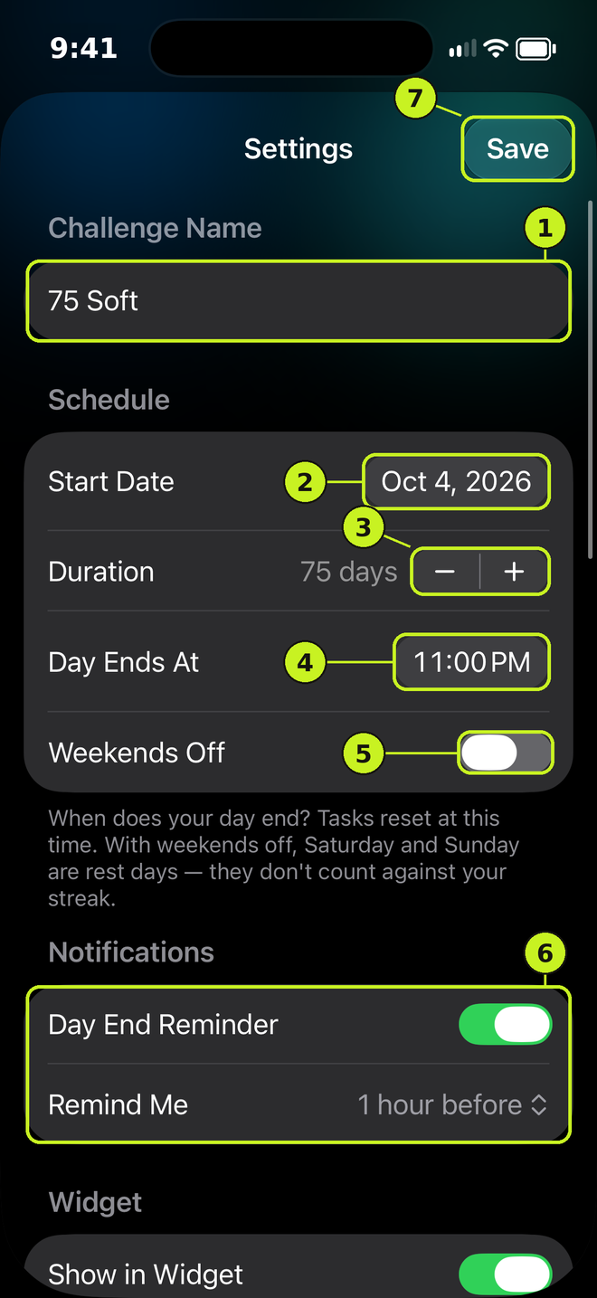 Per-challenge settings with name, schedule, Weekends Off and notifications