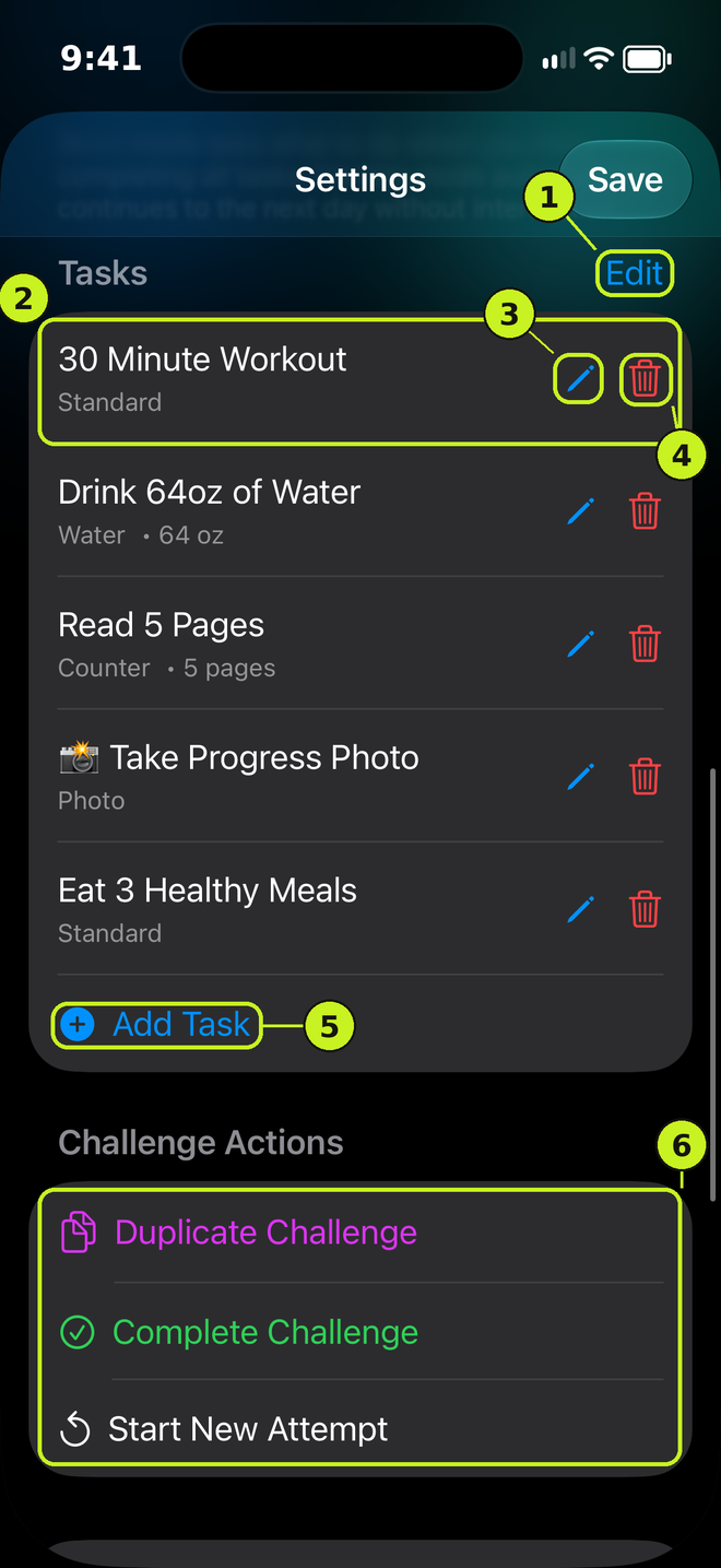 Challenge settings scrolled to the Tasks list with Edit, pencil, trash and Add Task
