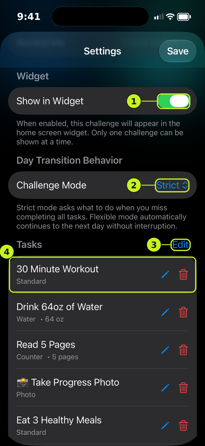 Challenge settings showing Show in Widget, Challenge Mode and the Tasks list