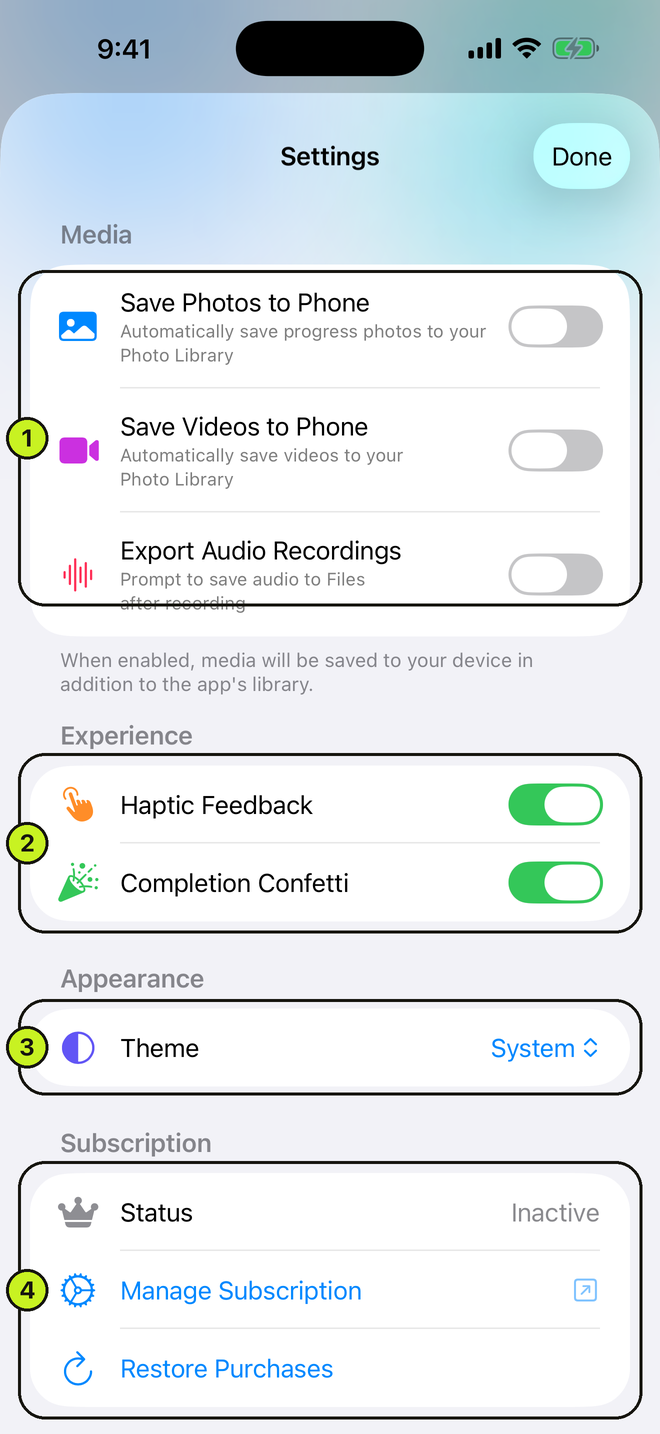 App settings with media, experience, appearance and subscription sections