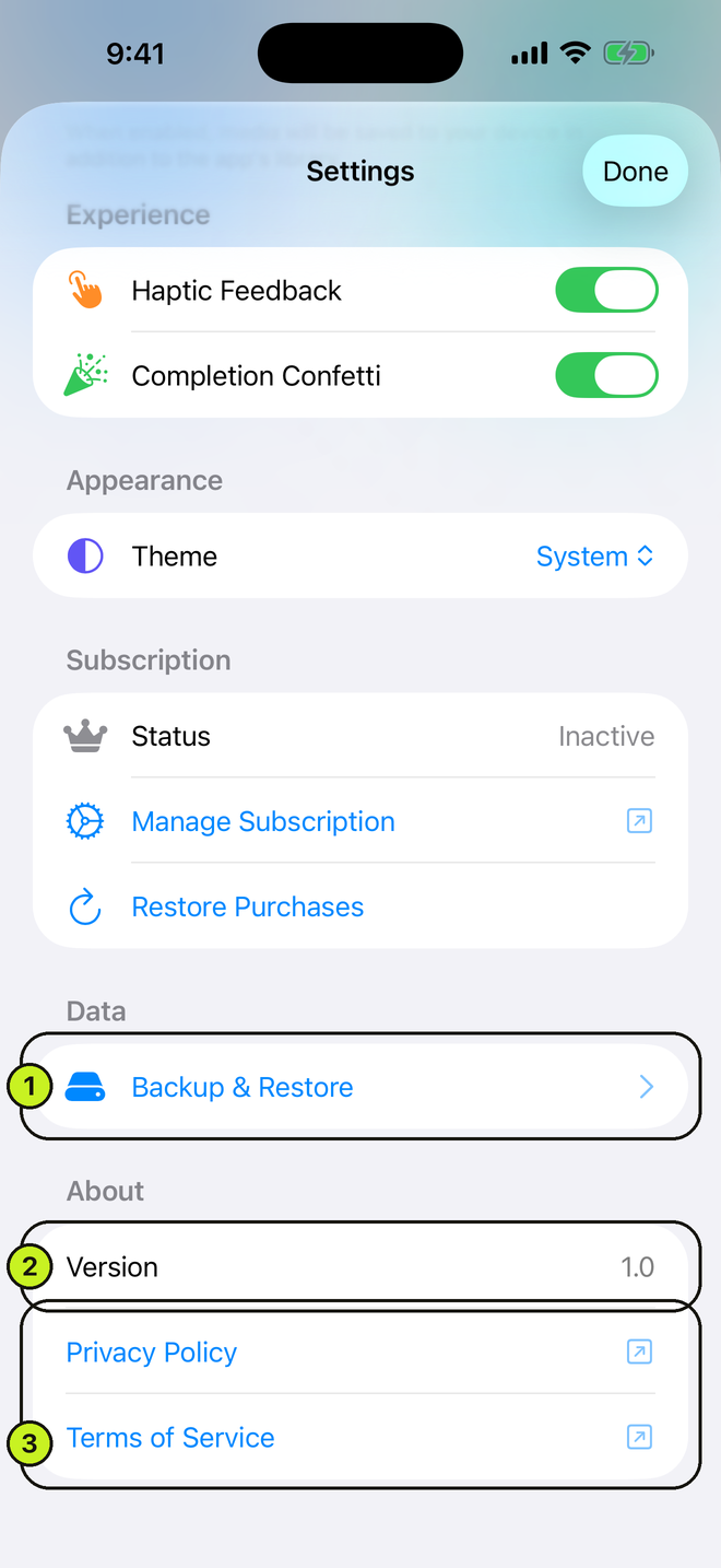 Settings scrolled to the Data and About sections
