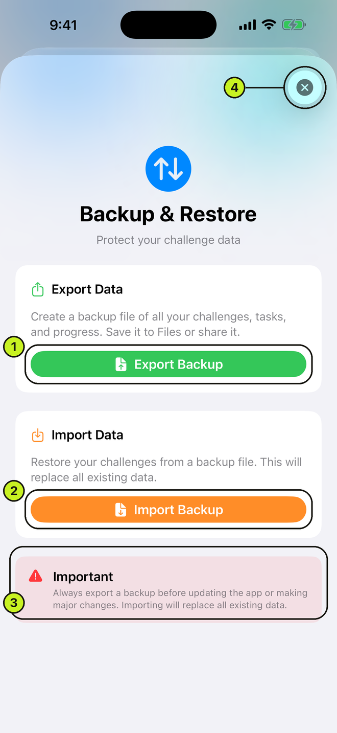 Backup and Restore screen with Export and Import buttons