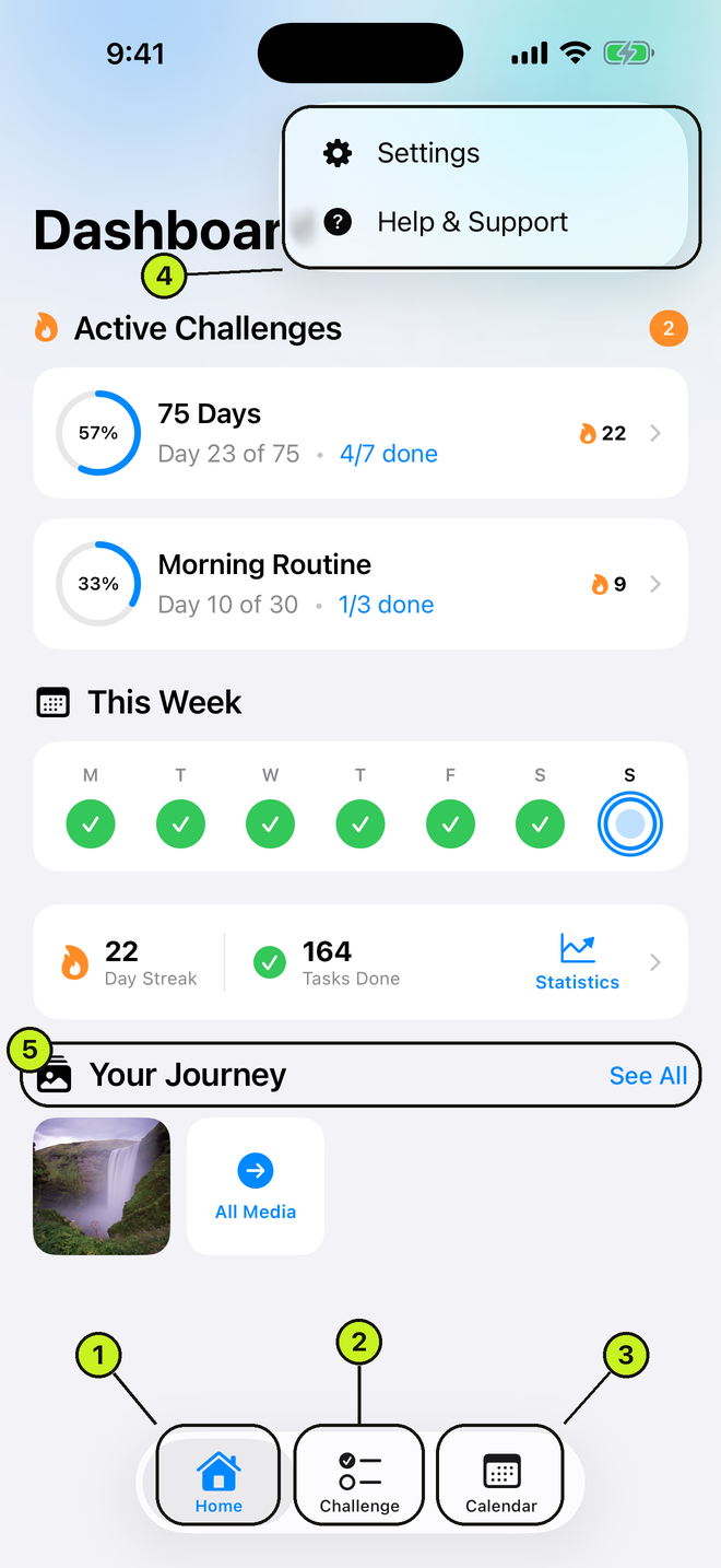 The Home, Challenge and Calendar tab bar